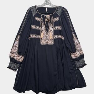 Free People Wind Willow Embroidered Mini Dress XS Black Tassel Peasant Boho